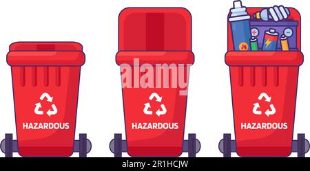 Set of containers with lid for storing, recycling and sorting used Hazardous waste. Closed empty and filled trash can with recycle sign. Simple cartoo Stock Vector