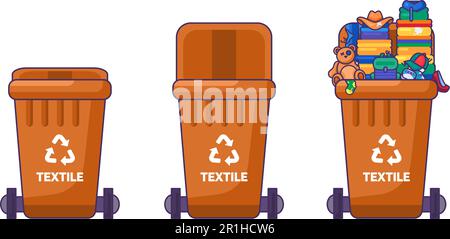 Set of containers with lid for storing, recycling and sorting used household Textile industry waste. Closed empty and filled trash can with recycle si Stock Vector