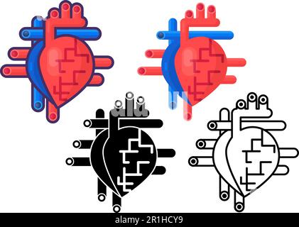 Human heart with arteries and vessels set. Sketchy linear icon device of human organ pumping blood in healthy body. Healthy lifestyle. Simple vector s Stock Vector