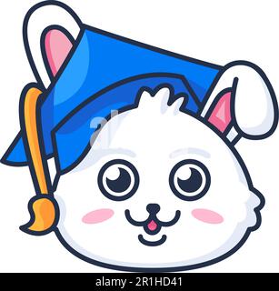 Emblem of cute smart rabbit with graduate cap. Symbol emblem for design decoration, brand name of children private school or kindergarten. Vector in t Stock Vector