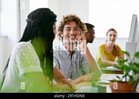 Smile, happy man or business people on break talking, chatting or speaking of gossip news together. Bonding, laughing or relaxed employees in Stock Photo