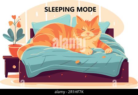 A ginger cat sleeping on a bed flat vector illustration. Stock Vector