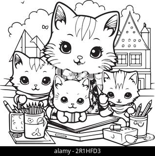 A black and white coloring page of a cat with a stack of french fries coloring page. Stock Vector