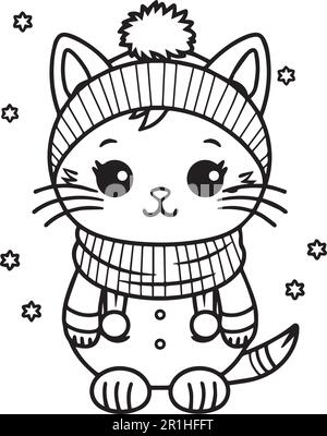 Cute cartoon cat coloring page for kids and adults. Vector illustration ...