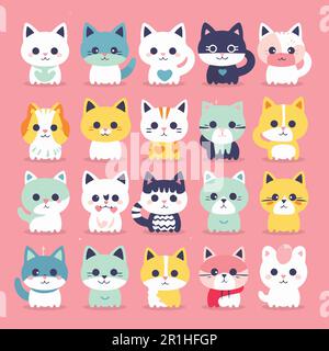 A cartoon of cats with different colored faces. A flat vector illustration set. Stock Vector