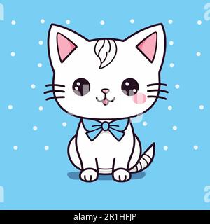 A cute cat with a bow on its head sits on a blue background with polka dots. Stock Vector