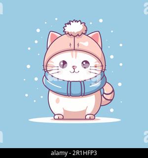 A cartoon cat wearing a hat and scarf for the cold of winter. Stock Vector