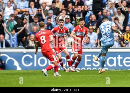 Coventry, UK. 14th May 2023Coventry, UK. 14th May 2023. Gustavo Hamer (38 Coventry City) shoots during the Sky Bet Championship Play Off Semi Final 1st Leg between Coventry City and Middlesbrough at the Coventry Building Society Arena, Coventry on Sunday 14th May 2023. (Photo: Kevin Hodgson | MI News) Credit: MI News & Sport /Alamy Live News Stock Photo