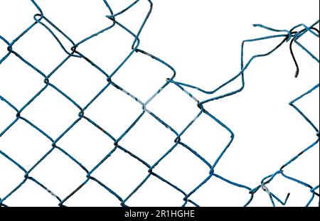 The texture of the metal mesh. Torn, destroyed, broken metal mesh on a white background Stock Photo