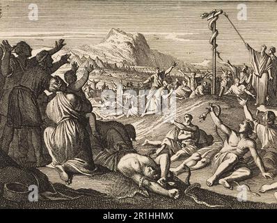 Story of the prophet Moses, Moses and the copper serpent. Origin: Amsterdam, 1712, Caspar Luyken, Historical, digitally restored reproduction from an 18th or 19th century original. Stock Photo