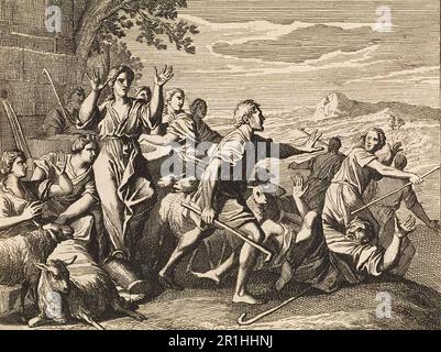 Story of the Prophet Moses, Moses and the Daughters of Reuel at the Well, 1712, Caspar Luyken, Historical, digitally restored reproduction from an 18th or 19th century original. Stock Photo