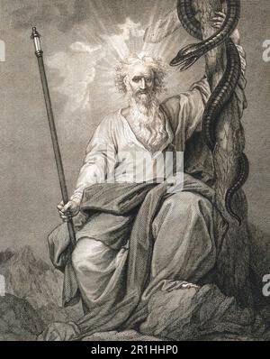 Story of Prophet Moses, Moses with his staff and brazen serpent, 1793, Historical, digitally restored reproduction from 18th or 19th century original Stock Photo