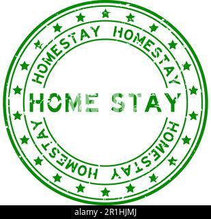 Grunge green home stay word with star icon round rubber seal stamp on white background Stock Vector