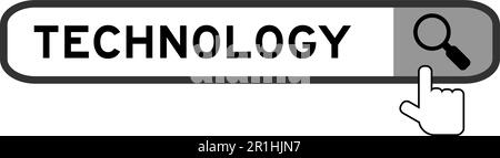 Search banner in word technology with hand over magnifier icon on white background Stock Vector