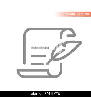 Paper scroll document with quill pen signing. Editable stroke outlined vector icon. Stock Vector