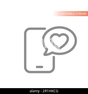 Dating app, online chatting line vector icon. Phone and heart chat bubble, love date message outlined symbol. Stock Vector