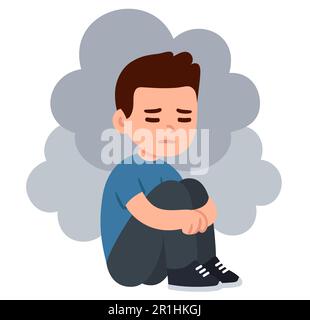 Sad depressed teenage boy sitting on the floor hugging knees with clouds around. Simple flat cartoon drawing. Mental health and depression vector clip Stock Vector