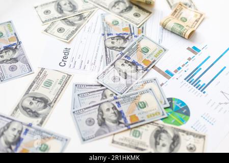 US dollar banknotes on charts graphs paper. Financial development, Banking Account, Statistics, Investment Analytic research data economy. Stock Photo