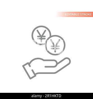 Money yen, yuan coin and hand icon. Simple line vector symbol. Stock Vector