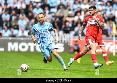 Coventry, UK. 14th May 2023Coventry, UK. 14th May 2023. Liam Kelly (6 Coventry City) goes forward during the Sky Bet Championship Play Off Semi Final 1st Leg between Coventry City and Middlesbrough at the Coventry Building Society Arena, Coventry on Sunday 14th May 2023. (Photo: Kevin Hodgson | MI News) Credit: MI News & Sport /Alamy Live News Stock Photo