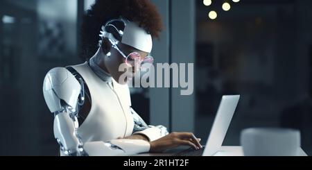 Beautiful humanoid android cyborg, insta womans working on laptop at day in crystals lights office. 3 D rendering. Stock Photo