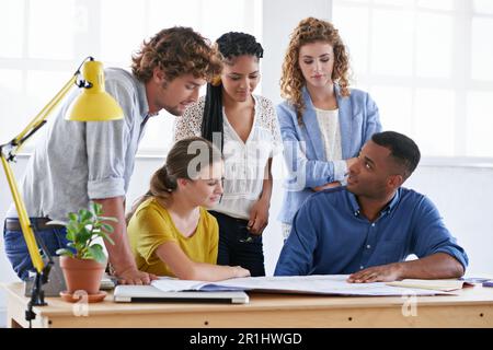 Diversity, business people and blueprint in meeting for brainstorming, planning or sharing ideas at office. Architect group discussing document or Stock Photo