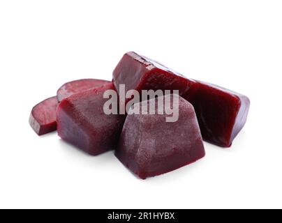 Frozen beetroot puree cubes and fresh beetroot isolated on white Stock Photo