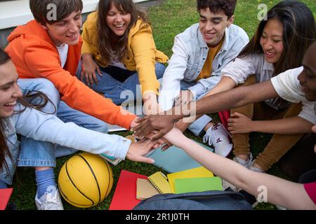 Multiracial group of cheerful young students joining hands in circle sitting on grass outside campus Stock Photo