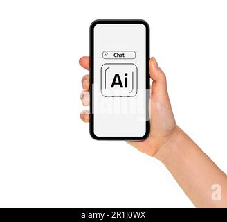 Ai Chat on screen of phone in hand close-up. Stock Photo