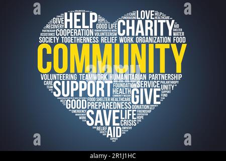 Community word cloud in a heart shape. Concept about togetherness, volunteering, charity, or humanitarian relief aid work. Stock Photo