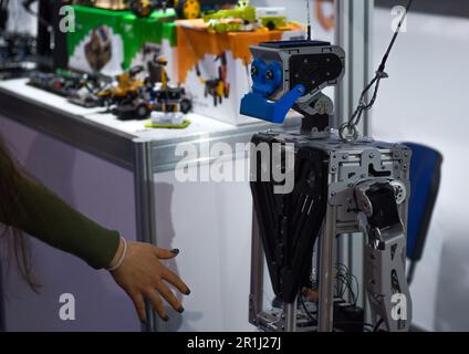 Man shaking hands with a robot Stock Photo