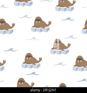 Seamless vector pattern with cute cartoon walrus on ice. Stock Vector