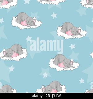 Seamless pattern with cute sleeping baby elephants on the clouds. Vector background for kids Stock Vector