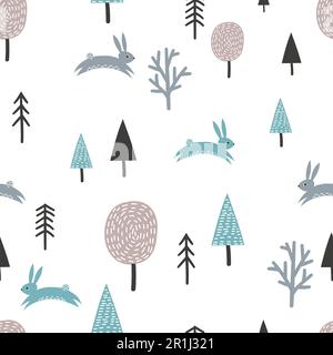 Scandinavian seamless pattern with cute rabbits and trees. Vector forest background. Stock Vector