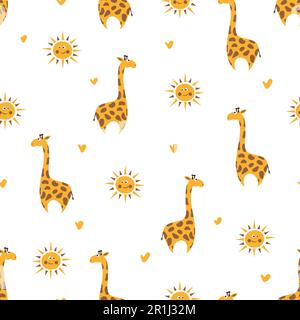 Seamless vector pattern with cute cartoon giraffe and sun. Stock Vector