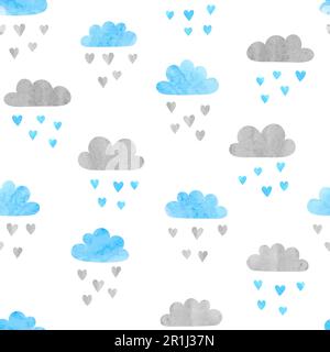 Seamless vector watercolor clouds pattern. Rain of hearts. Stock Vector