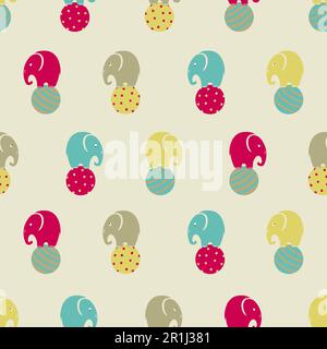 Seamless pattern with cute circus elephants on balls. Vector illustration. Stock Vector