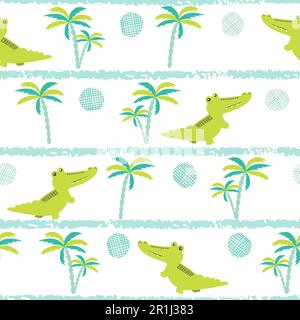 Seamless cartoon crocodiles pattern. Vector childish background with alligators and palms. Stock Vector