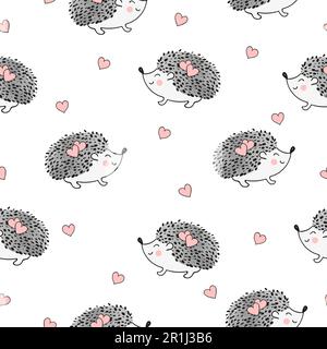 Seamless pattern with cute watercolor hedgehogs and hearts. Vector background. Stock Vector