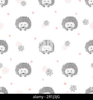 Seamless childish vector pattern with cute watercolor hedgehogs. Stock Vector