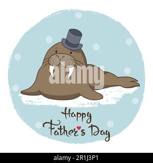 Cute cartoon walrus in hat on ice. Fathers Day vector illustration. Stock Vector