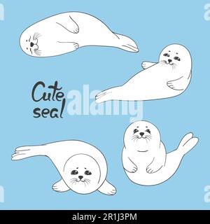 Cute baby seal pups set. Hand drawn vector cartoon characters. Stock Vector