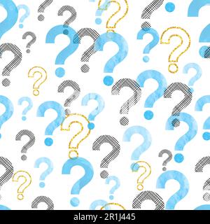 Seamless question mark pattern. Vector background with blue watercolor symbols. Stock Vector