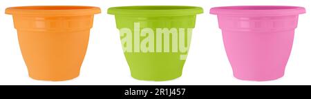 Gardening tool equipment. Garden colorful plastic pot, top view isolated on white with clipping path. Spring concept of vegetable garden and plant car Stock Photo