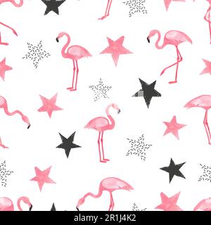 Seamless trendy pattern with watercolor flamingo and stars. Vector background. Stock Vector