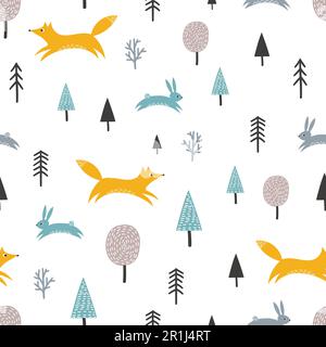 Seamless pattern with cute fox, hares and trees. Forest background, scandinavian style. Stock Vector