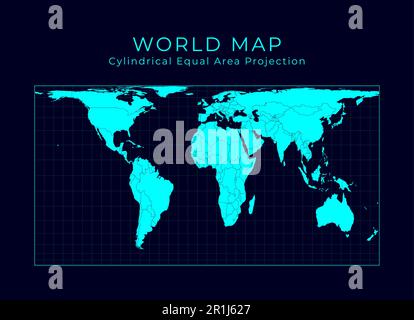 Map of The World. Cylindrical equal-area projection. Futuristic Infographic world illustration. Bright cyan colors on dark background. Vibrant vector Stock Vector