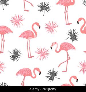 Seamless pattern with flamingo and palm leaves. Vector tropical background. Stock Vector