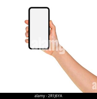 Isolated touch screen phone with blank screen in female hand. Stock Photo