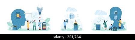 Digital brain and AI technology set vector illustration. Cartoon tiny people holding magnifying glass and gears to work with CPU processor in abstract human head connecting with light bulb and battery Stock Vector